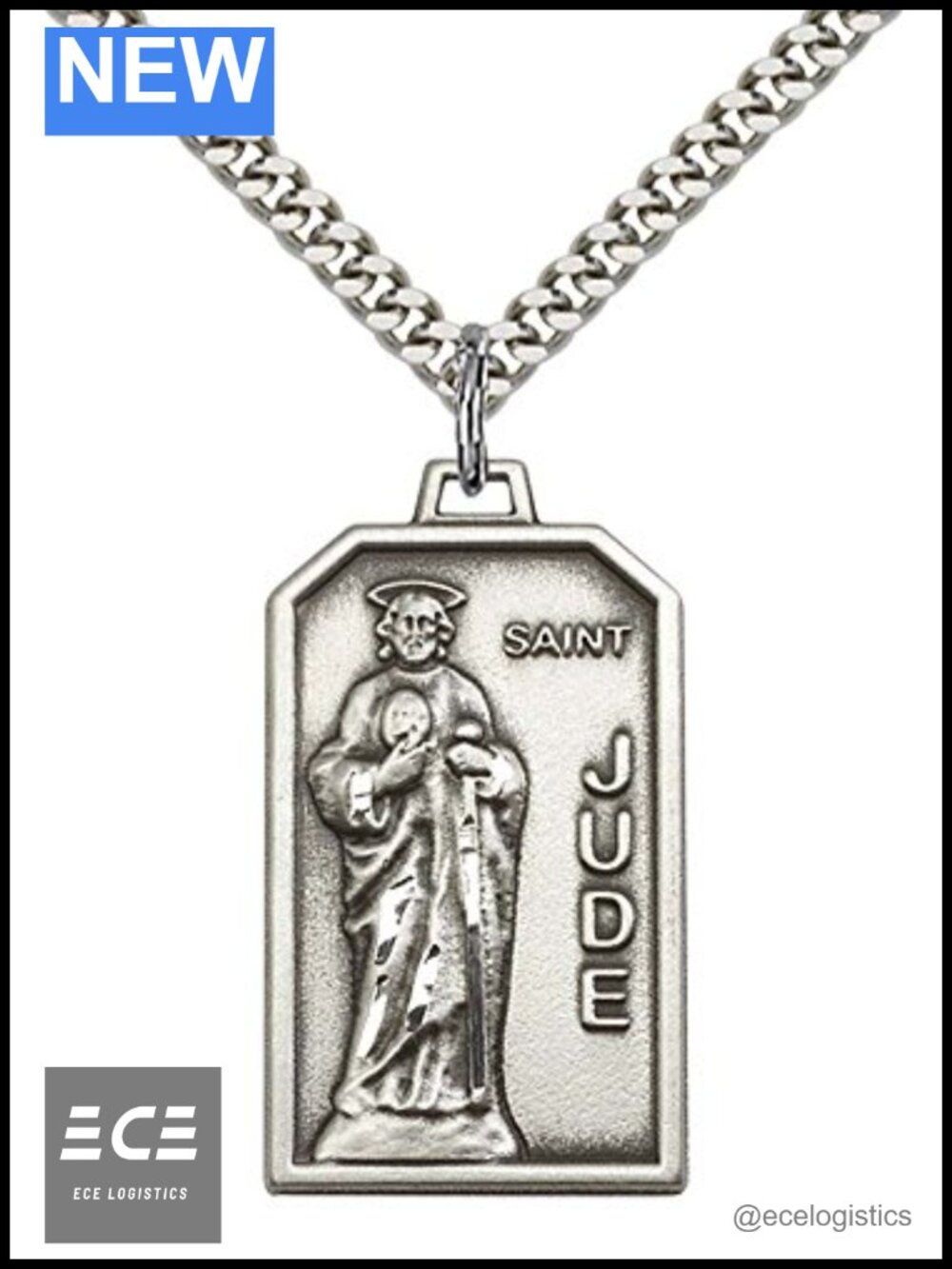 Sterling Silver St. Jude Pendant Necklace 24" Stainless Steel Curb Chain